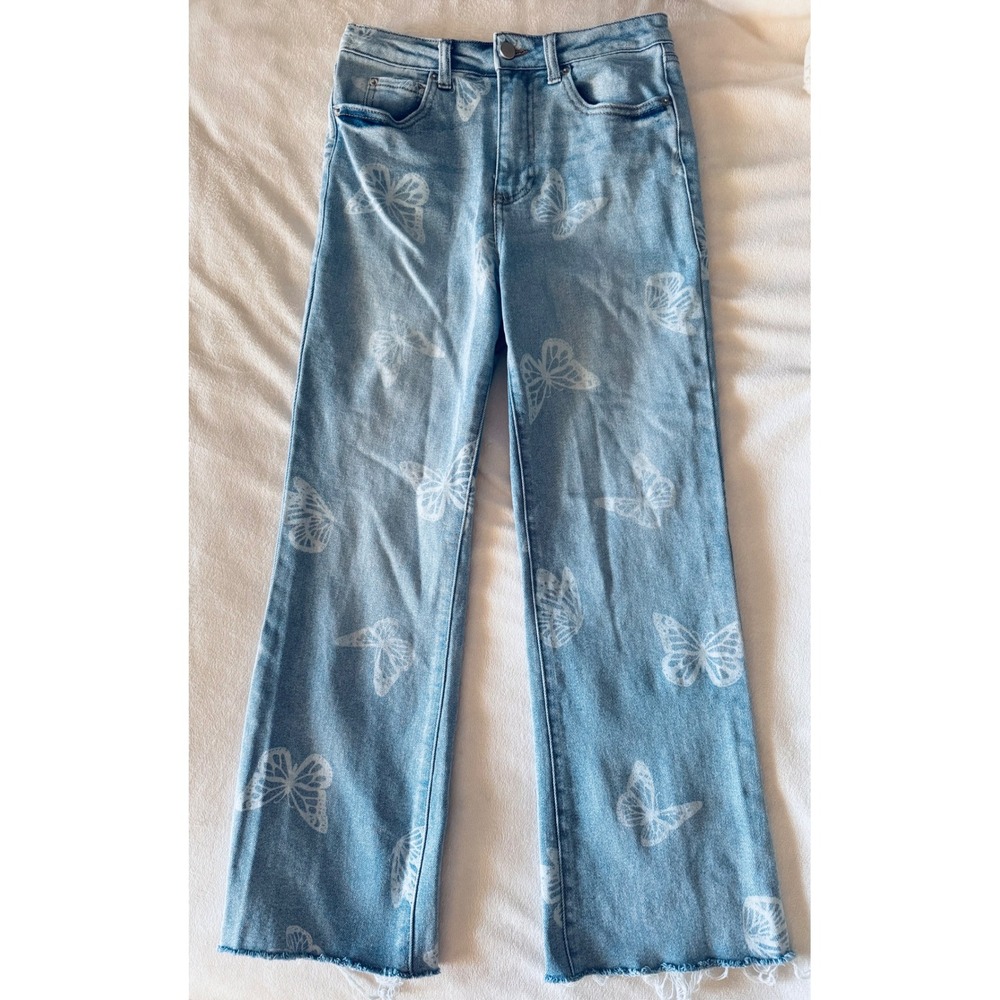 Y2K Tinseltown Butterfly Print High Waisted Jeans Light Wash Blue Size 3